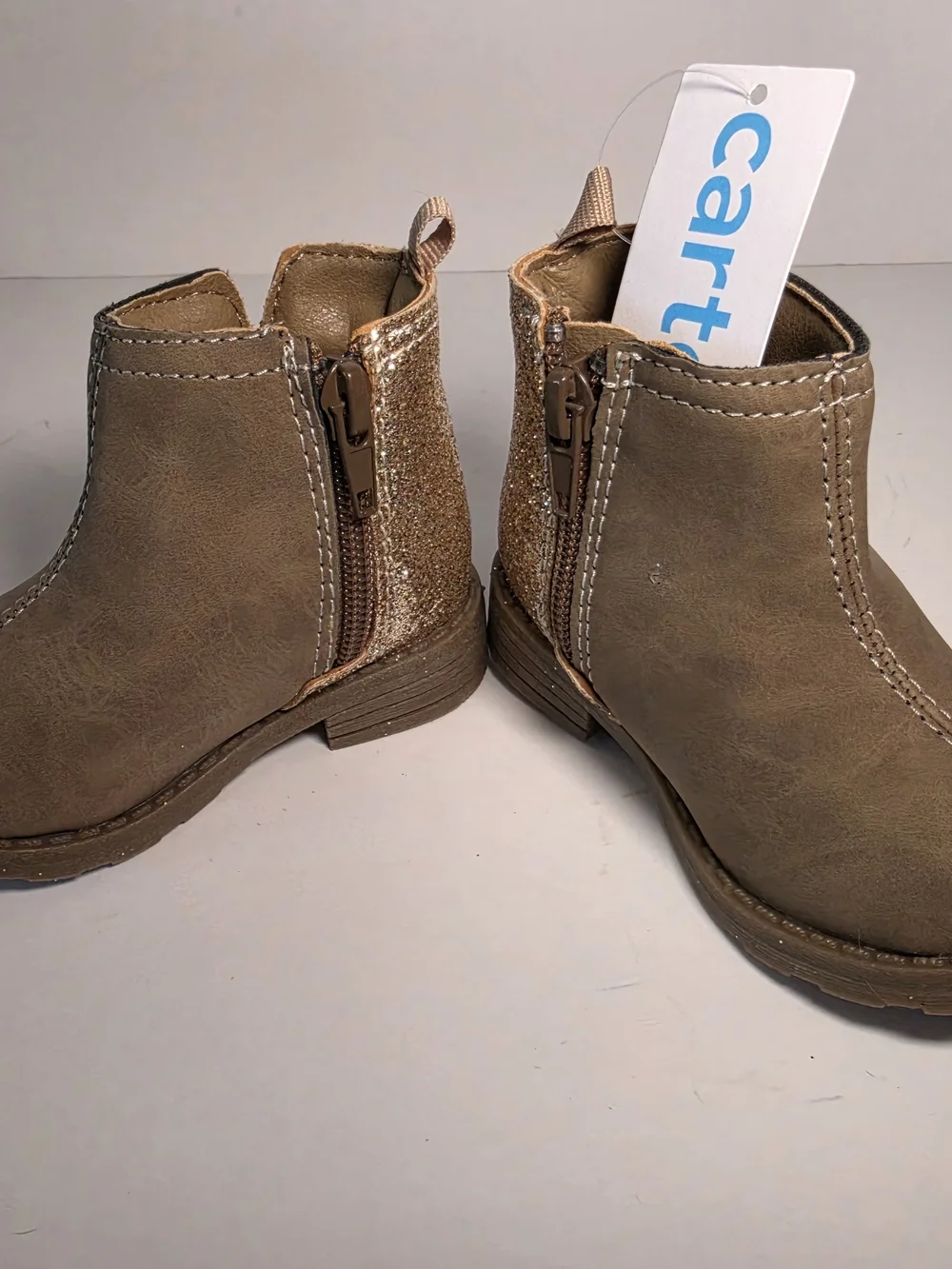 NWT Carter's Toddler Girls Taupe Tan Gold Faux Suede Glitter-Back Booties Size 4